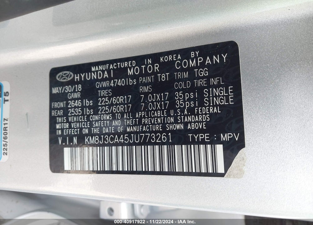 2018 HYUNDAI TUCSON SEL VIN: KM8J3CA45JU773261