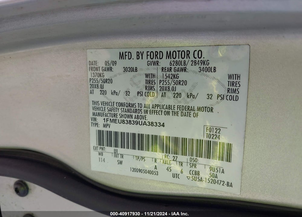 2009 FORD EXPLORER XLT VIN: 1FMEU83839UA38334