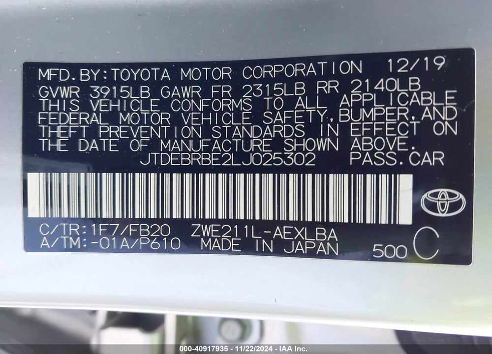 2020 TOYOTA COROLLA HYBRID LE VIN: JTDEBRBE2LJ025302