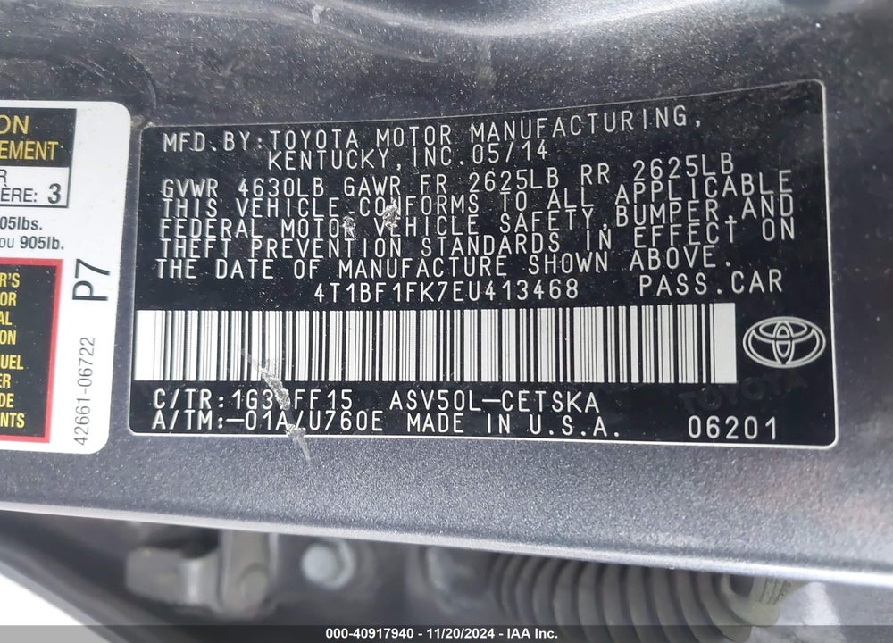 2014 TOYOTA CAMRY SE VIN: 4T1BF1FK7EU413468