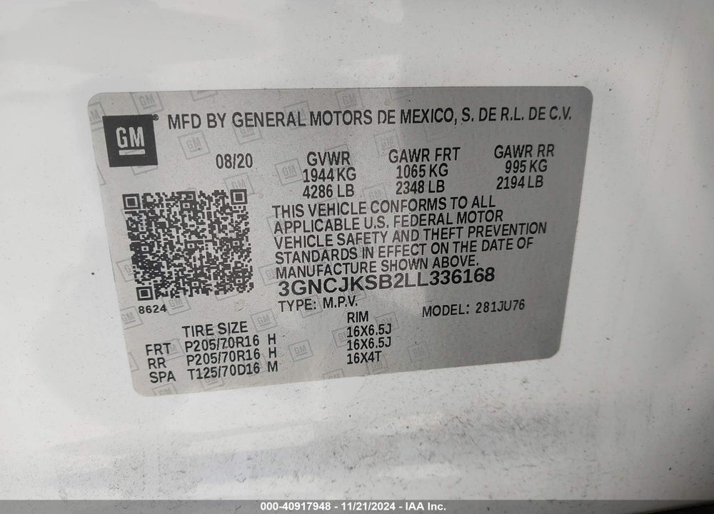 2020 CHEVROLET TRAX FWD LS VIN: 3GNCJKSB2LL336168
