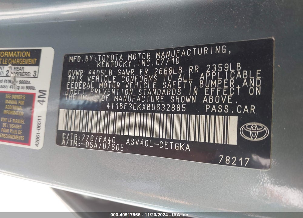 2011 TOYOTA CAMRY XLE VIN: 4T1BF3EKXBU632885