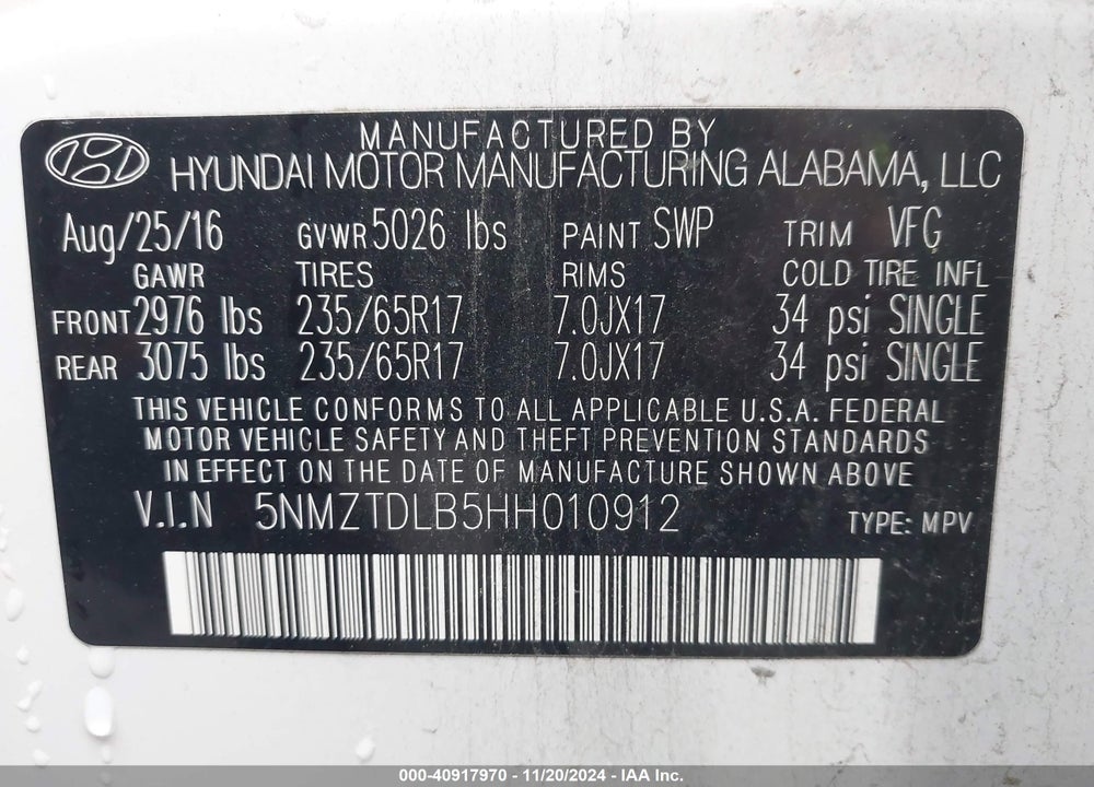 2017 HYUNDAI SANTA FE SPORT 2.4L VIN: 5NMZTDLB5HH010912