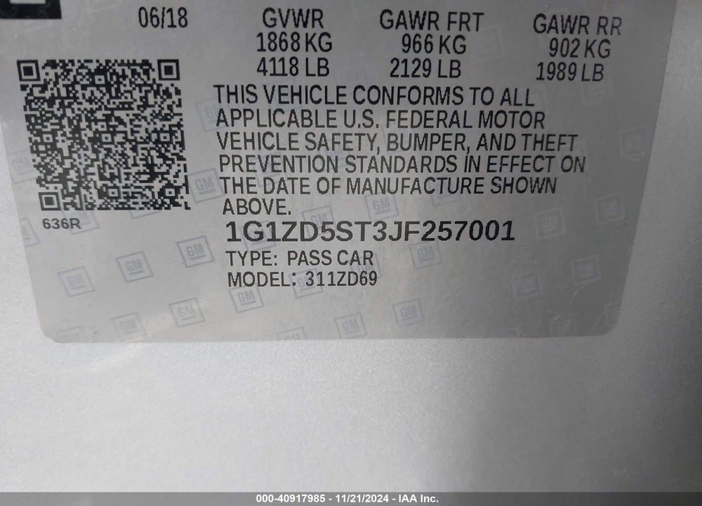 2018 CHEVROLET MALIBU LT VIN: 1G1ZD5ST3JF257001
