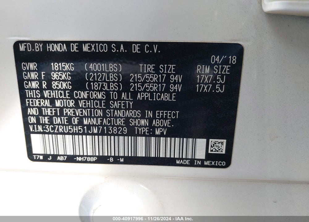 2018 HONDA HR-V EX VIN: 3CZRU5H51JM713829