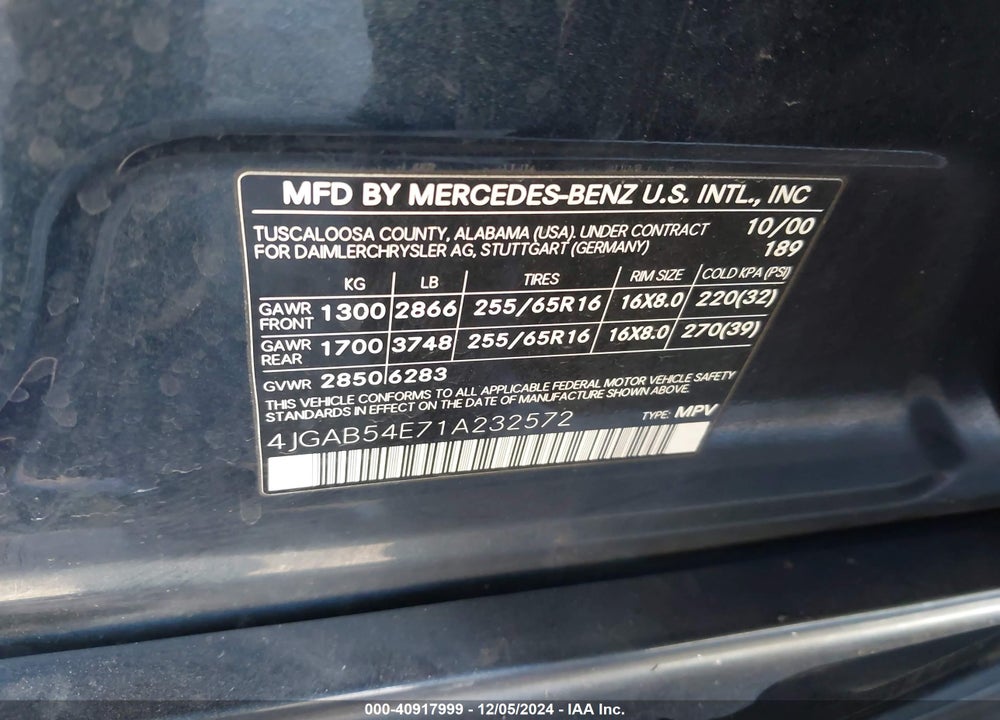 2001 MERCEDES-BENZ ML 320 VIN: 4JGAB54E71A232572