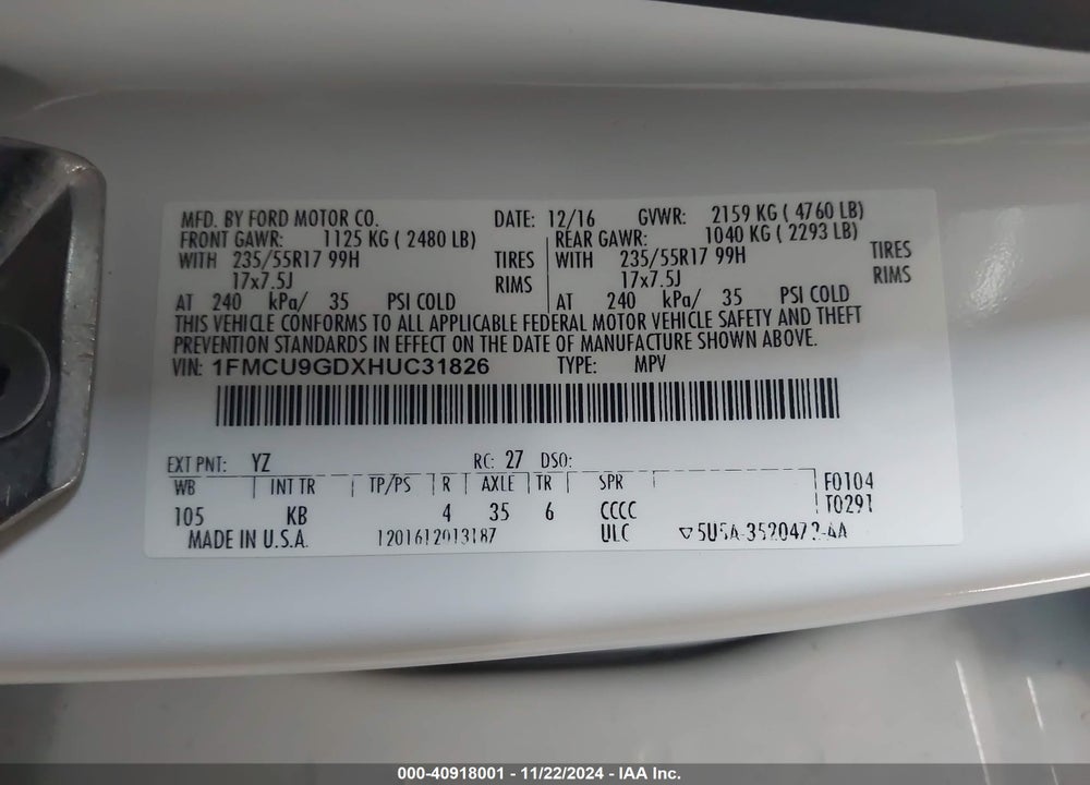 2017 FORD ESCAPE SE VIN: 1FMCU9GDXHUC31826