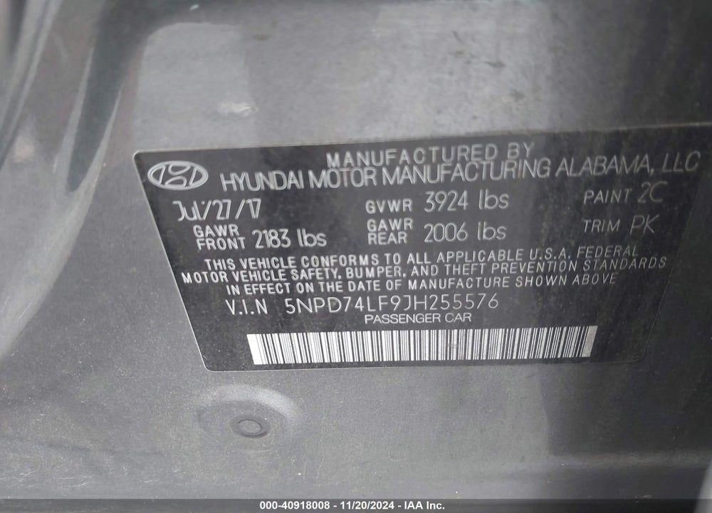 2018 HYUNDAI ELANTRA VIN: 5NPD74LF9JH255576