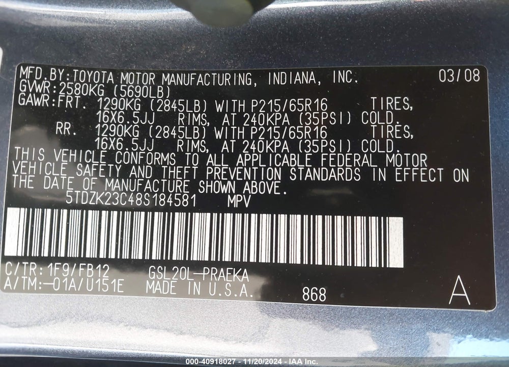 2008 TOYOTA SIENNA CE VIN: 5TDZK23C48S184581