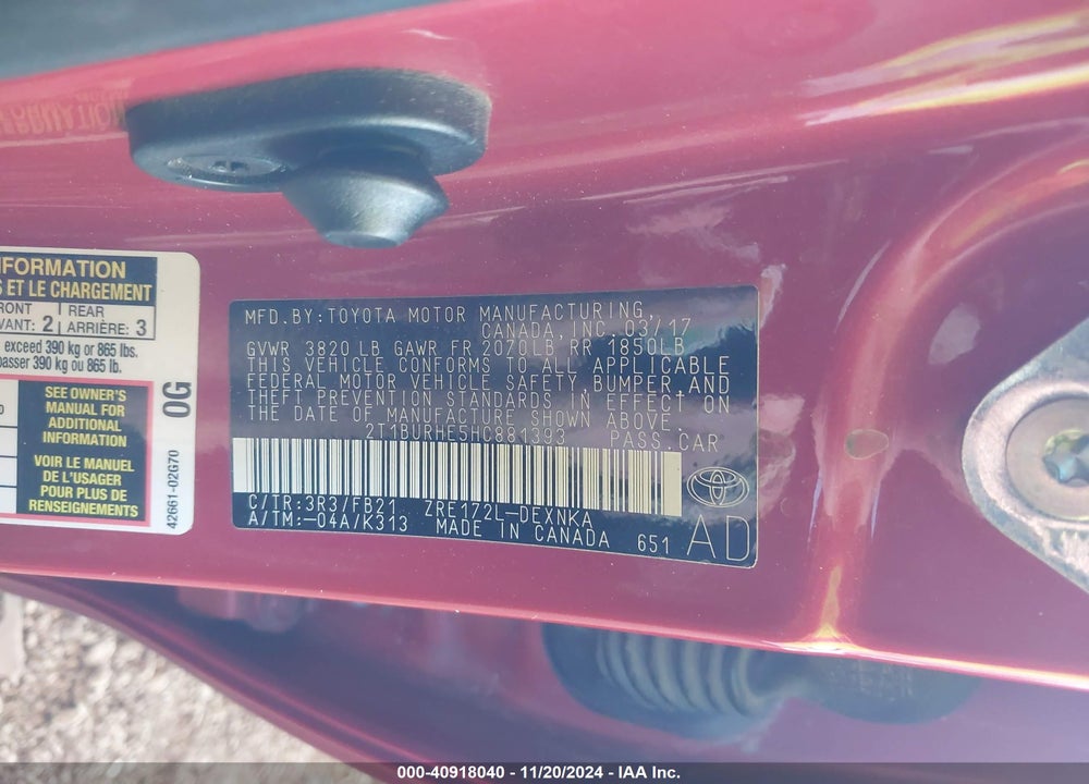 2017 TOYOTA COROLLA VIN: 2T1BURHE5HC881393