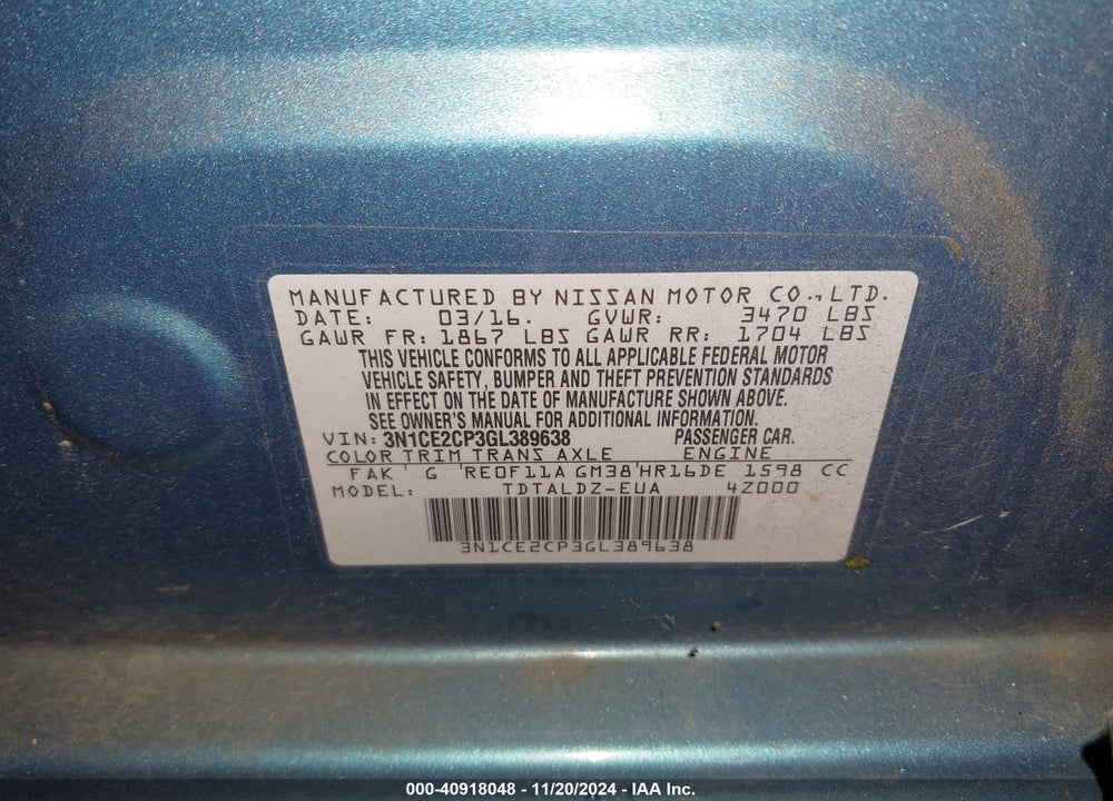 2016 NISSAN VERSA NOTE VIN: 3N1CE2CP3GL389638