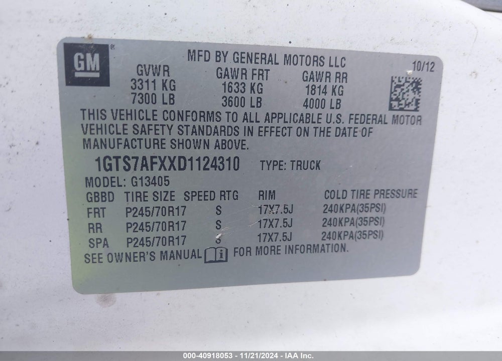 2013 GMC SAVANA 1500 WORK VAN VIN: 1GTS7AFXXD1124310