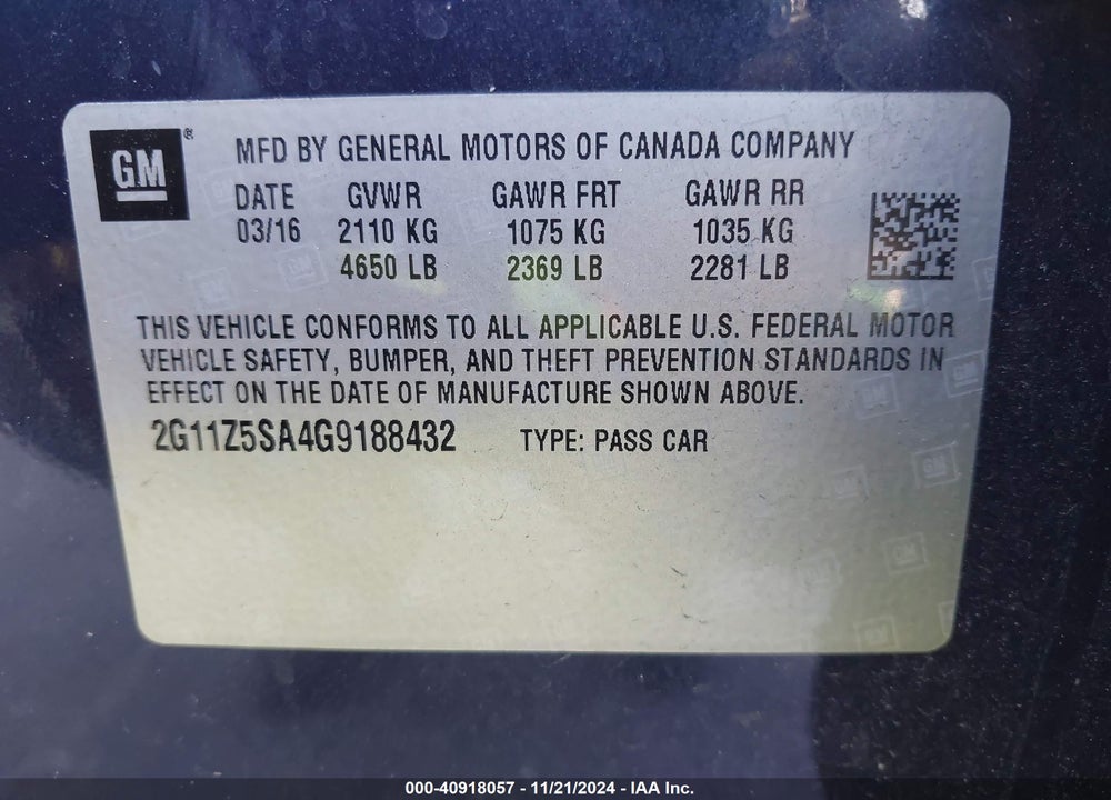 2016 CHEVROLET IMPALA LS VIN: 2G11Z5SA4G9188432