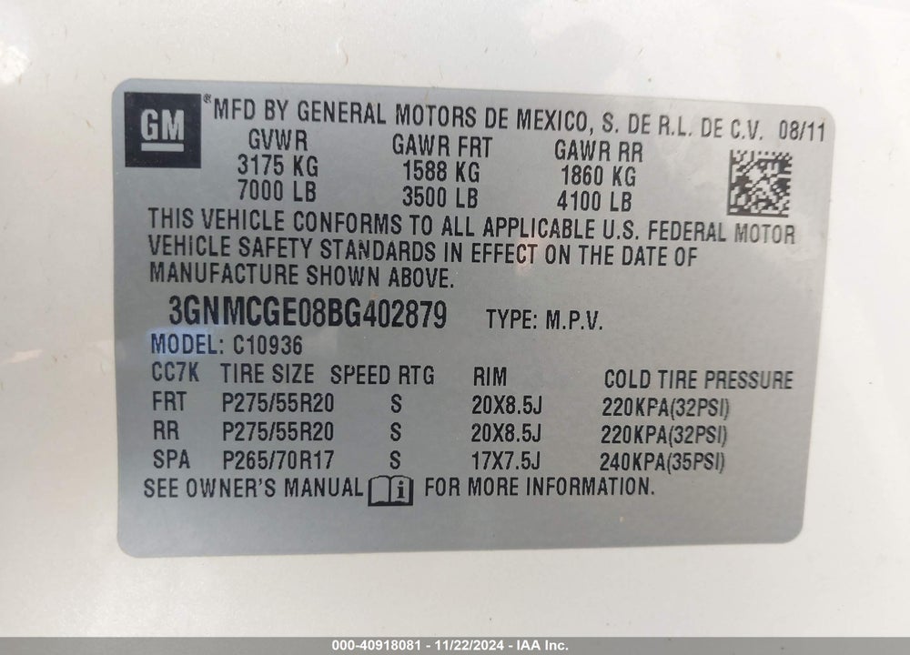 2011 CHEVROLET AVALANCHE VIN: 3GNMCGE08BG402879