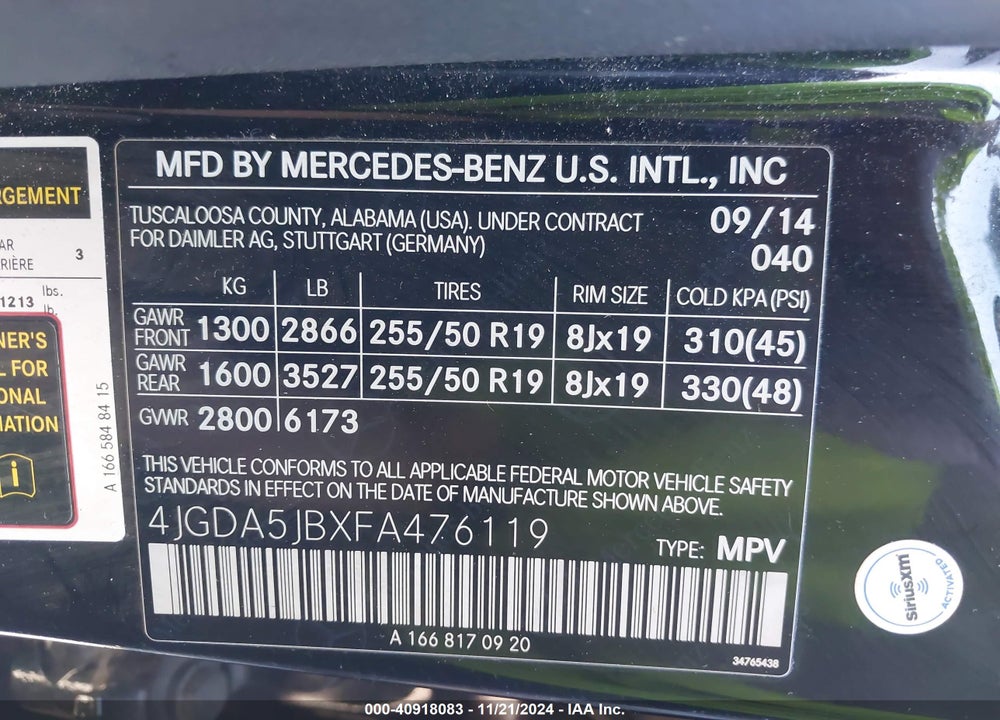 2015 MERCEDES-BENZ ML 350 VIN: 4JGDA5JBXFA476119