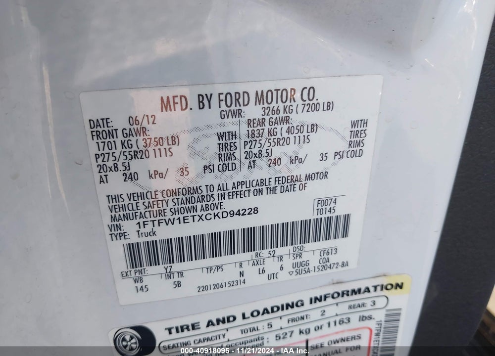 2012 FORD F-150 FX4 VIN: 1FTFW1ETXCKD94228