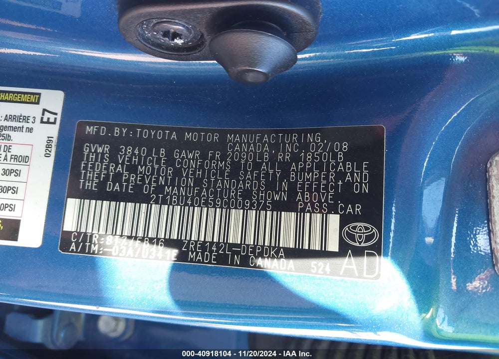 2009 TOYOTA COROLLA LE VIN: 2T1BU40E59C009375