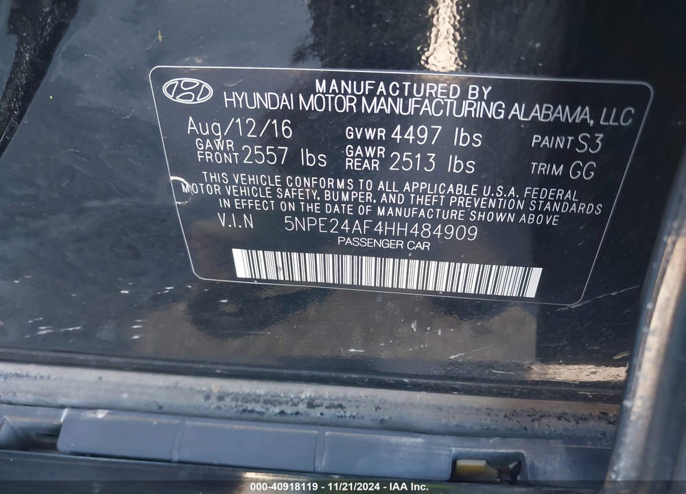 2017 HYUNDAI SONATA VIN: 5NPE24AF4HH484909