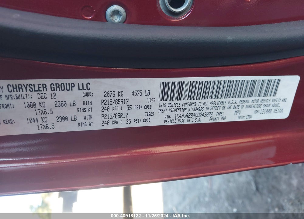2013 JEEP PATRIOT SPORT VIN: 1C4NJRBB4DD243072