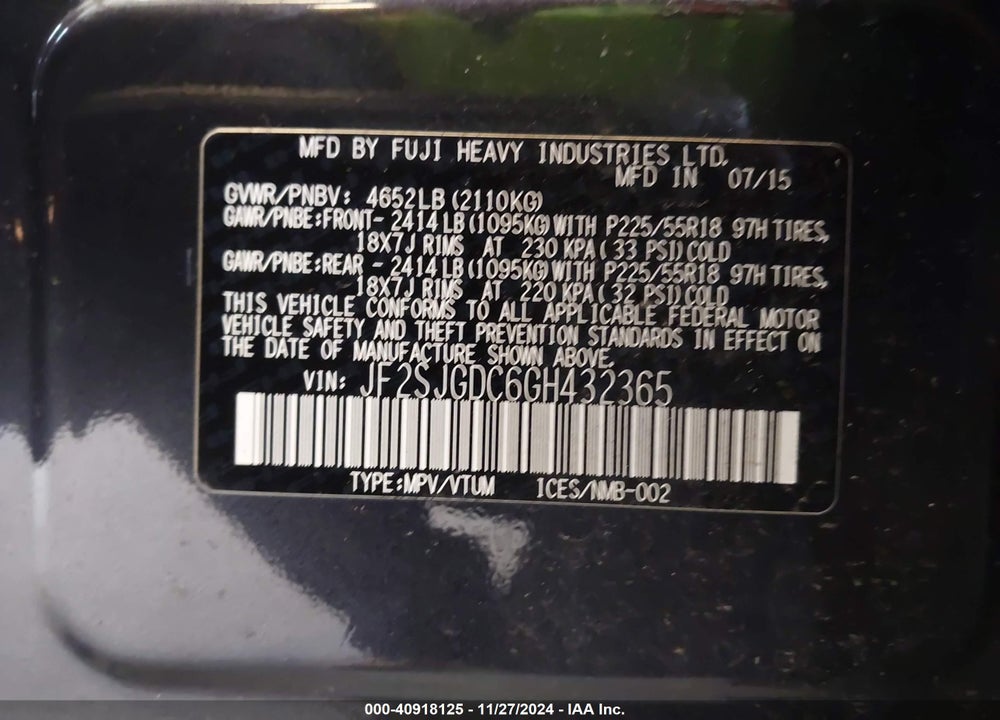 2016 SUBARU FORESTER 2.0XT PREMIUM VIN: JF2SJGDC6GH432365