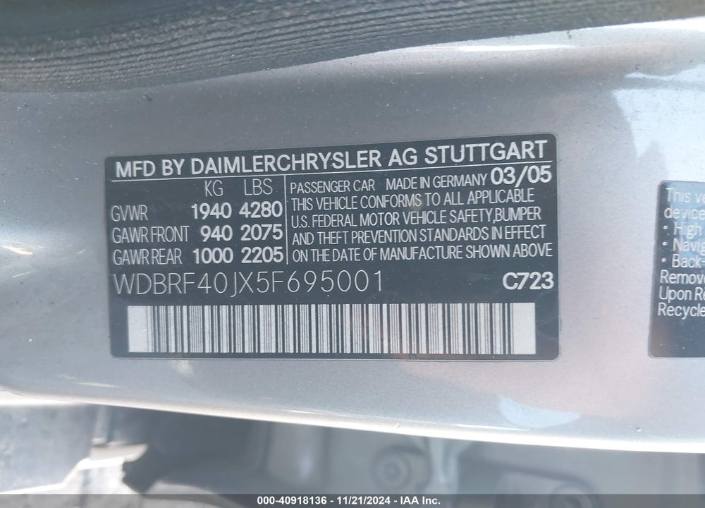 2005 MERCEDES-BENZ C 230 KOMPRESSOR SPORT VIN: WDBRF40JX5F695001