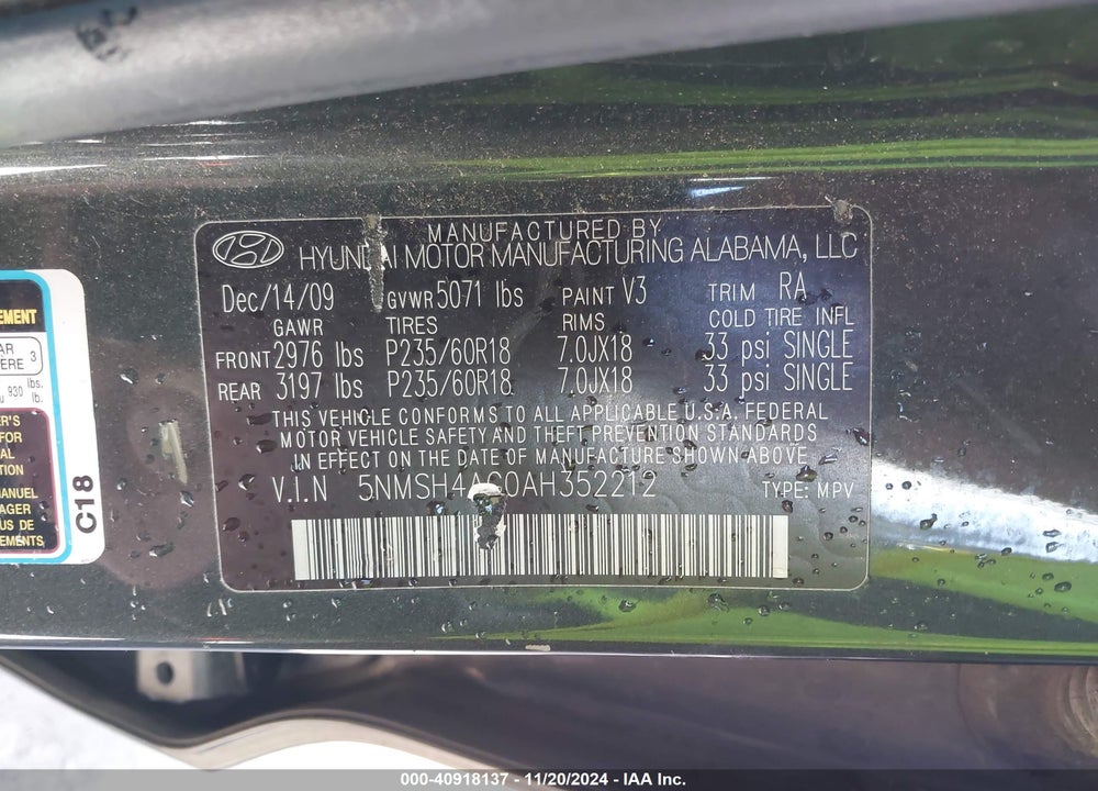 2010 HYUNDAI SANTA FE SE VIN: 5NMSH4AG0AH352212