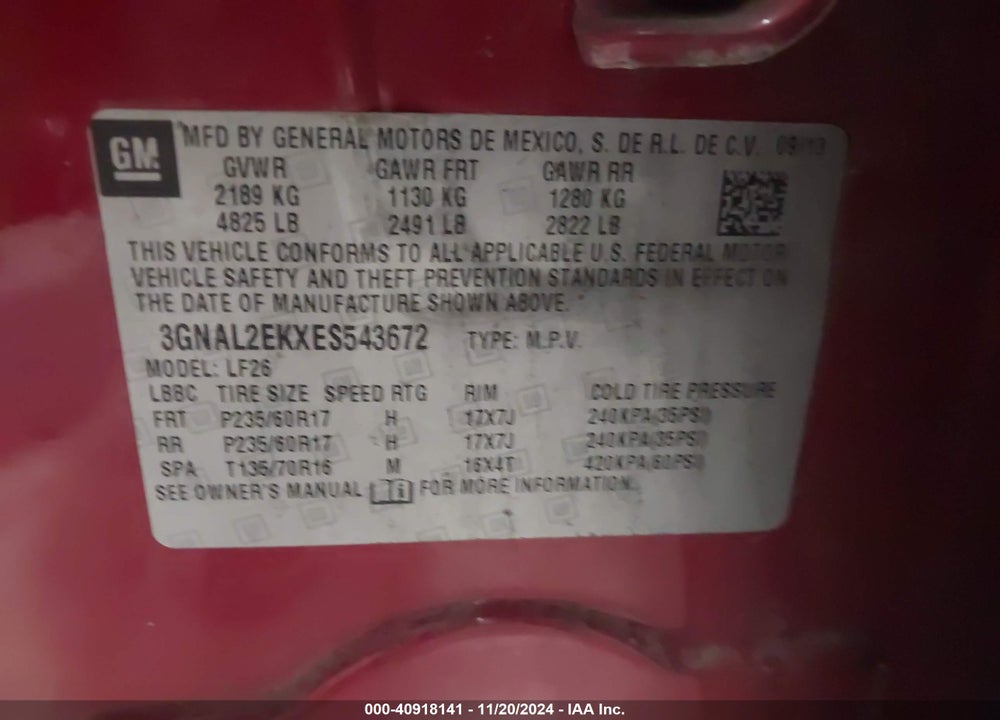 2014 CHEVROLET CAPTIVA SPORT 2LS VIN: 3GNAL2EKXES543672
