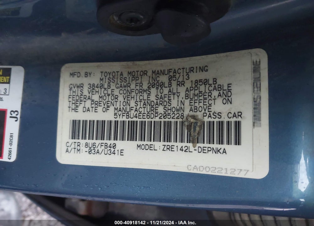 2013 TOYOTA COROLLA LE VIN: 5YFBU4EE6DP205228