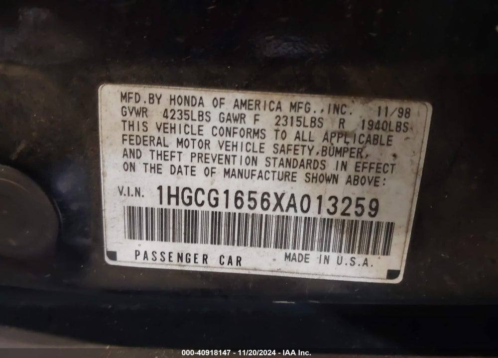 1999 HONDA ACCORD EX V6 VIN: 1HGCG1656XA013259