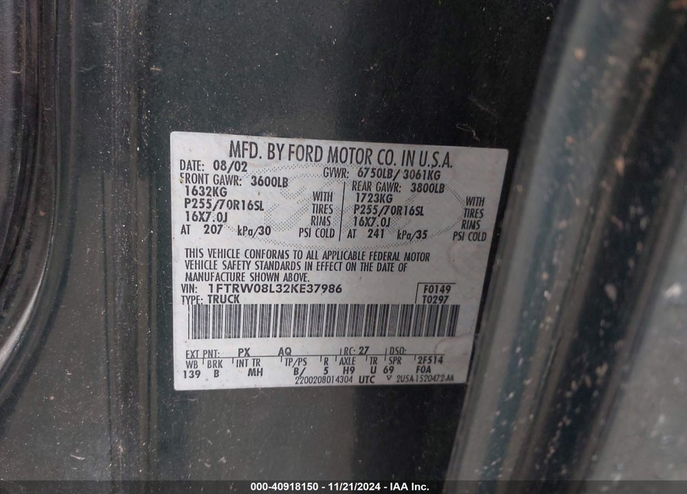 2002 FORD F-150 LARIAT/XLT VIN: 1FTRW08L32KE37986