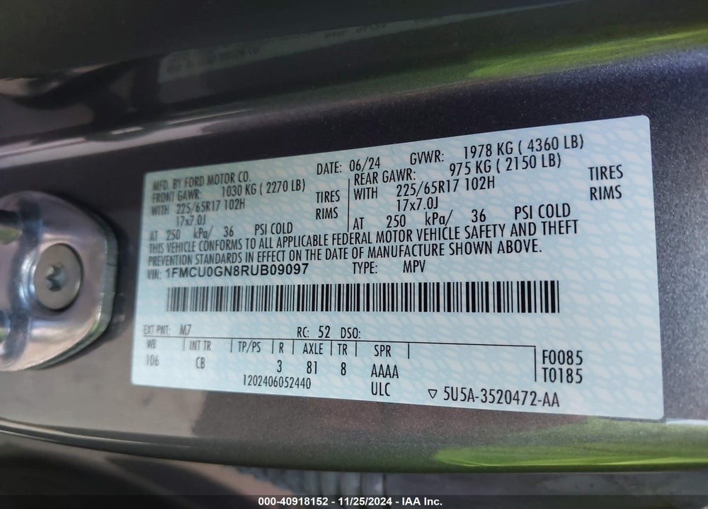 2024 FORD ESCAPE ACTIVE VIN: 1FMCU0GN8RUB09097