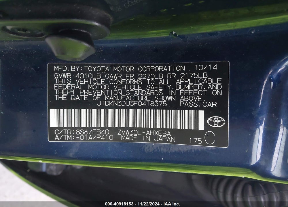 2015 TOYOTA PRIUS VIN: JTDKN3DU3F0418375