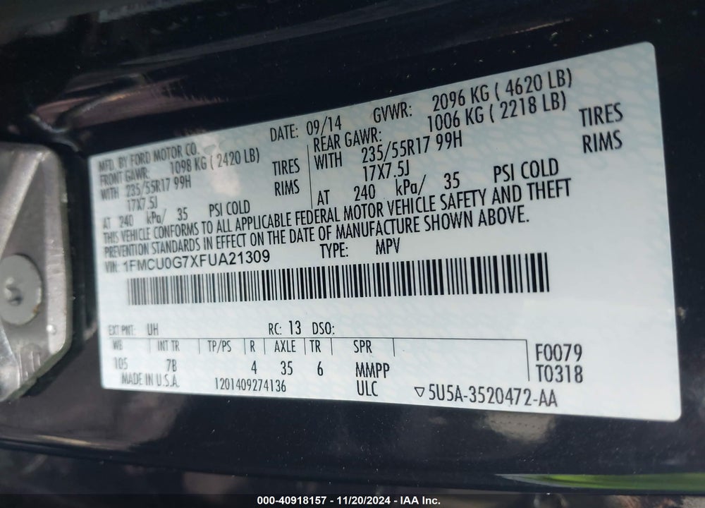 2015 FORD ESCAPE SE VIN: 1FMCU0G7XFUA21309