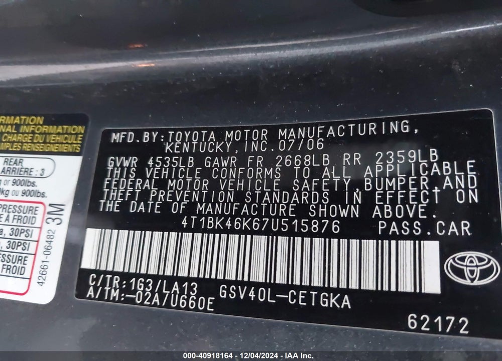 2007 TOYOTA CAMRY XLE V6 VIN: 4T1BK46K67U515876