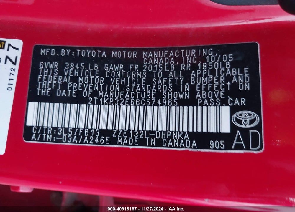 2006 TOYOTA MATRIX/XR VIN: 2T1KR32E66C574965