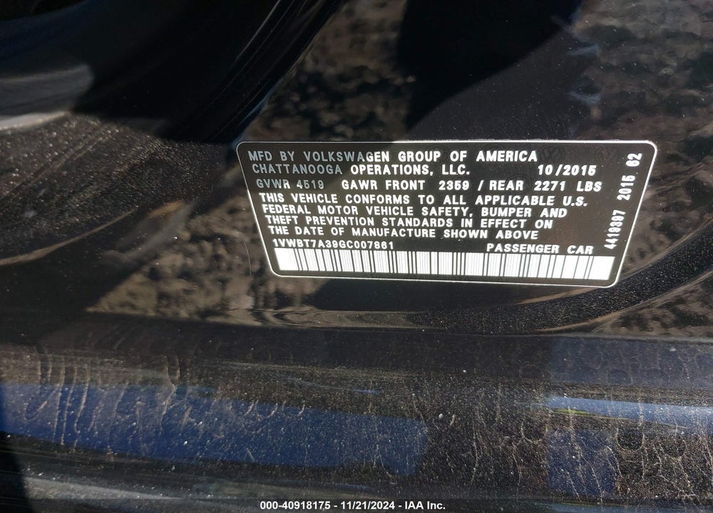 2016 VOLKSWAGEN PASSAT 1.8T SE VIN: 1VWBT7A39GC007861