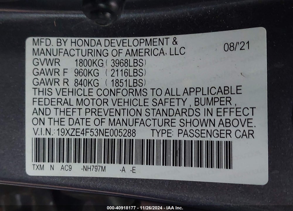 2022 HONDA INSIGHT EX VIN: 19XZE4F53NE005288