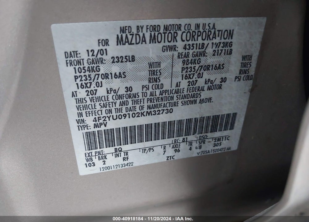 2002 MAZDA TRIBUTE ES V6/LX V6 VIN: 4F2YU09102KM32730