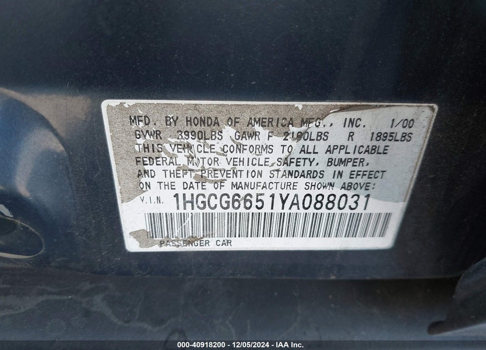 2000 HONDA ACCORD 2.3 LX VIN: 1HGCG6651YA088031