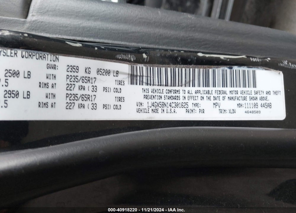2004 JEEP GRAND CHEROKEE LIMITED VIN: 1J4GX58N14C301625