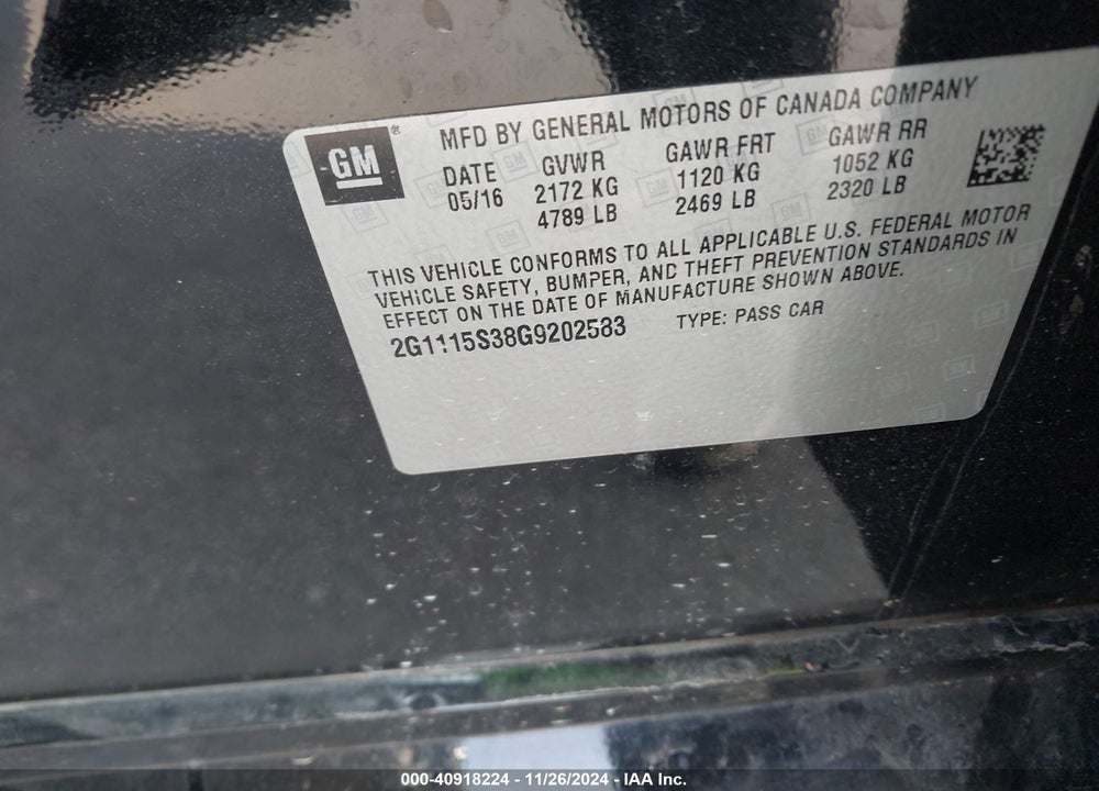 2016 CHEVROLET IMPALA 2LT VIN: 2G1115S38G9202583