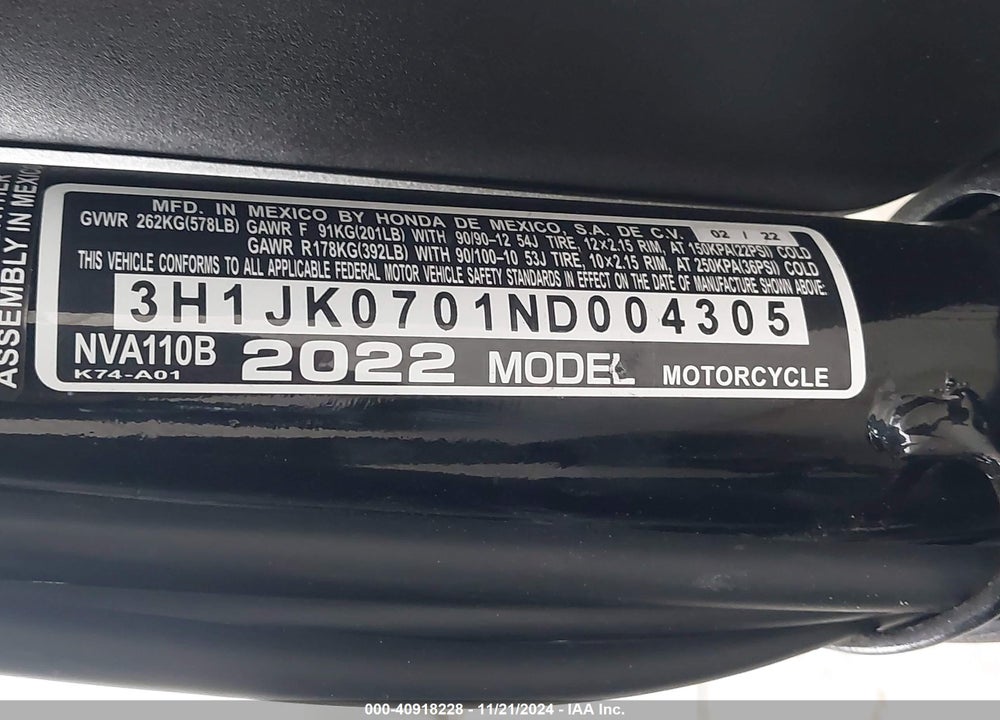 2022 HONDA NVA110 B VIN: 3H1JK0701ND004305
