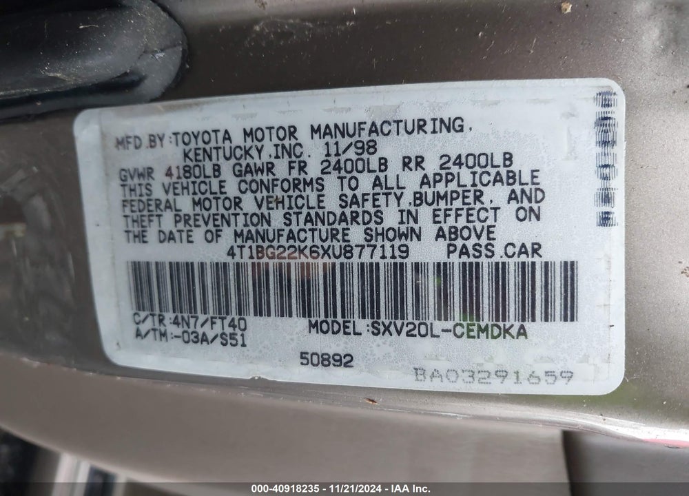 1999 TOYOTA CAMRY CE VIN: 4T1BG22K6XU877119