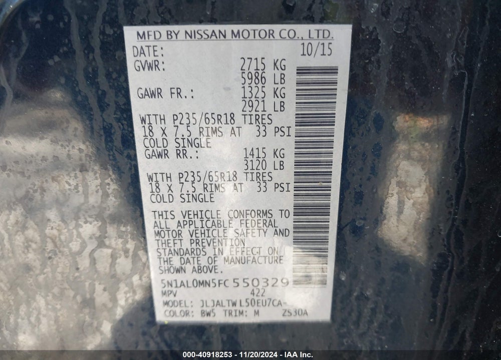 2015 INFINITI QX60 VIN: 5N1AL0MN5FC550329