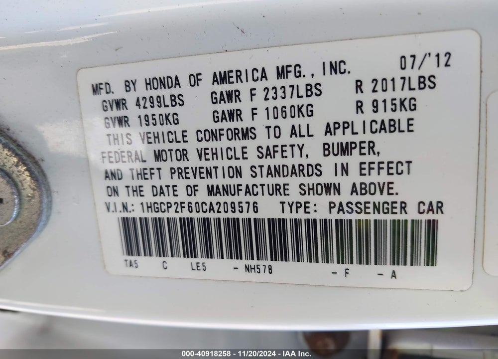 2012 HONDA ACCORD 2.4 SE VIN: 1HGCP2F60CA209576