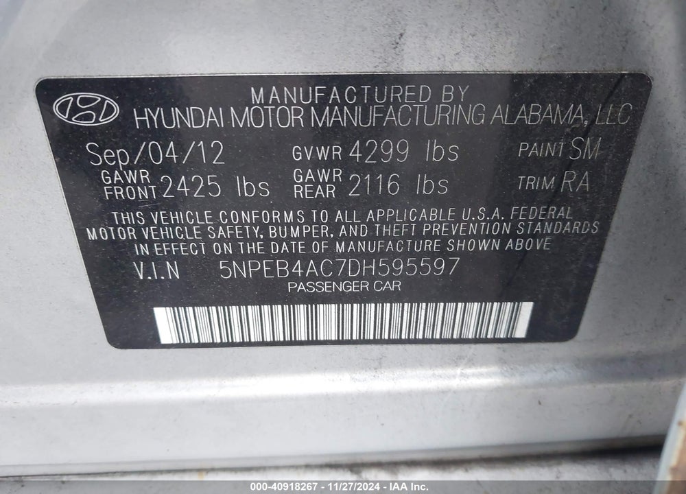 2013 HYUNDAI SONATA GLS VIN: 5NPEB4AC7DH595597
