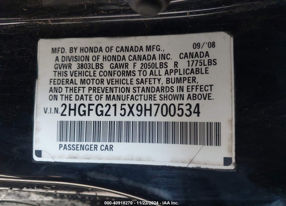2009 HONDA CIVIC SI VIN: 2HGFG215X9H700534