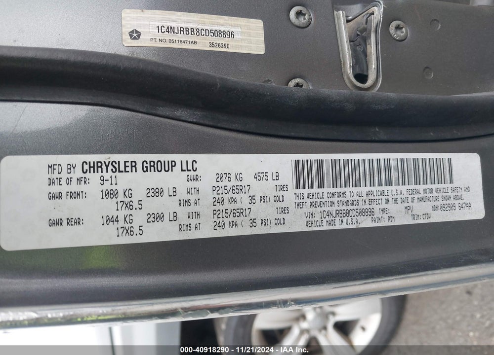 2012 JEEP PATRIOT SPORT VIN: 1C4NJRBB8CD508896