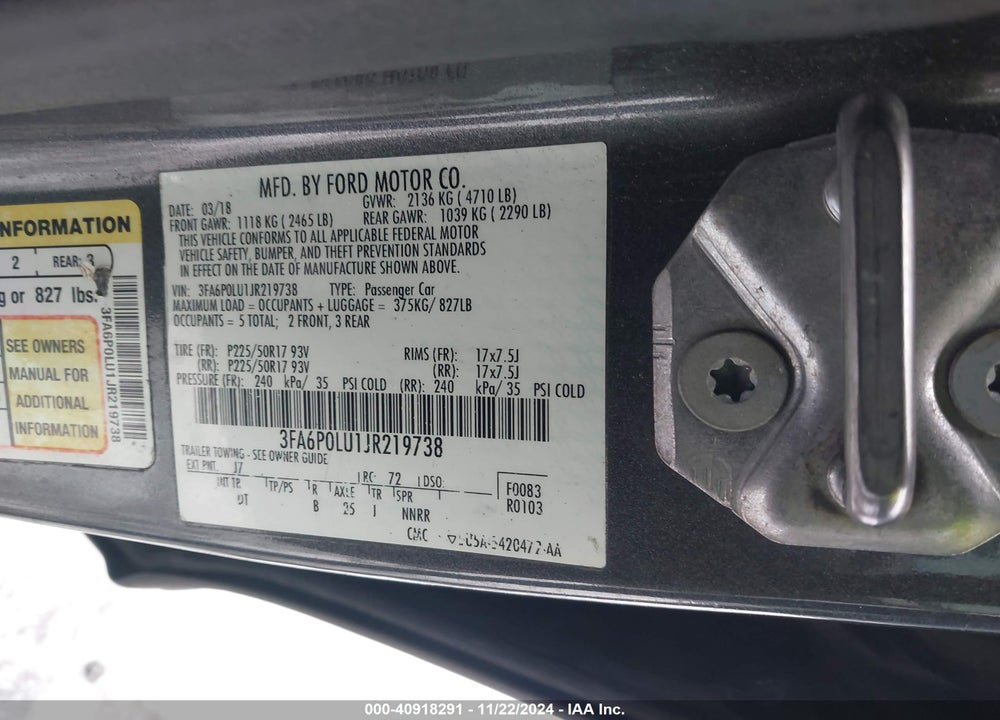 2018 FORD FUSION HYBRID SE VIN: 3FA6P0LU1JR219738