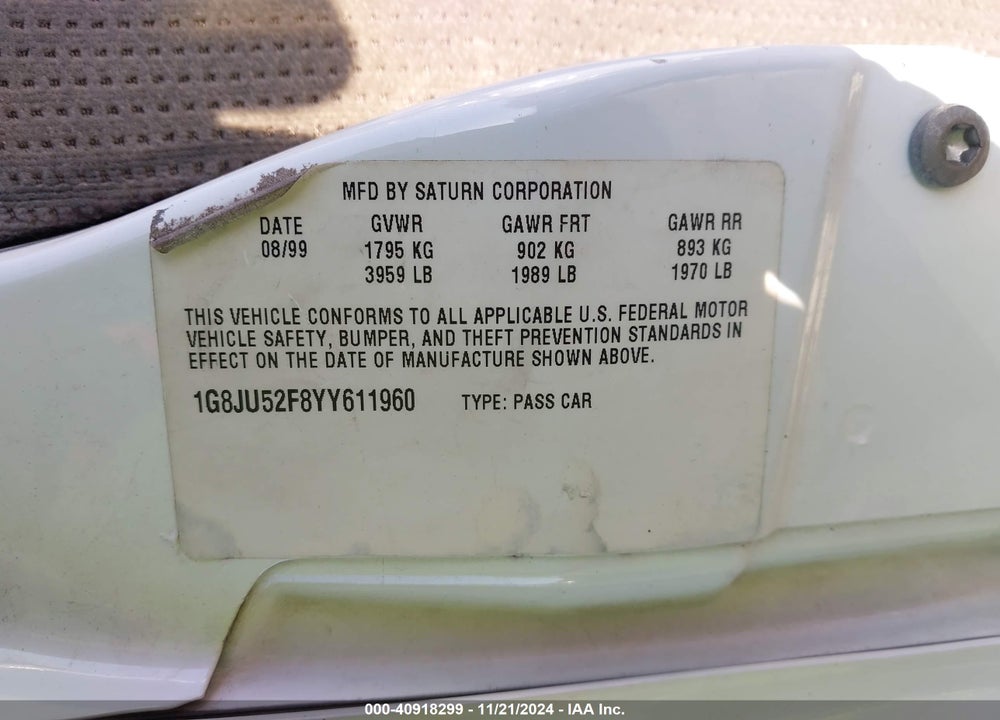 2000 SATURN LS1 VIN: 1G8JU52F8YY611960
